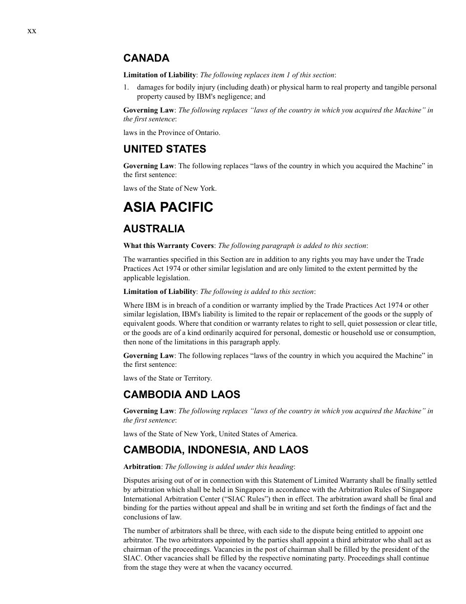Asia pacific, Canada, United states | Australia, Cambodia and laos, Cambodia, indonesia, and laos | IBM 24R9718 IB User Manual | Page 20 / 59