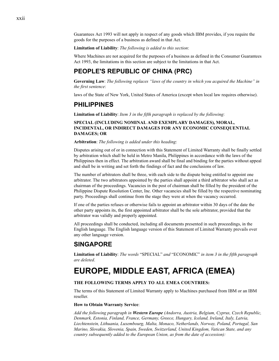 Europe, middle east, africa (emea), People's republic of china (prc), Philippines | Singapore | IBM 24R9718 IB User Manual | Page 22 / 59