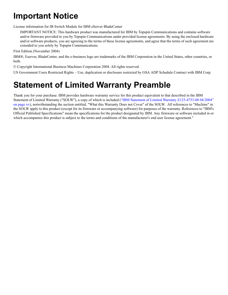 Important notice, Statement of limited warranty preamble | IBM 24R9718 IB User Manual | Page 3 / 59