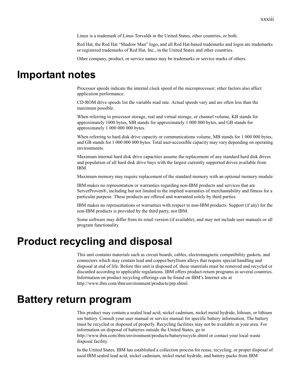 Important notes, Product recycling and disposal, Battery return program | IBM 24R9718 IB User Manual | Page 33 / 59