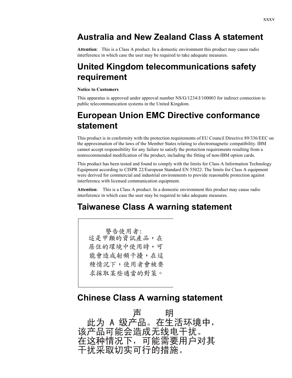 Australia and new zealand class a statement, European union emc directive conformance statement, Taiwanese class a warning statement | Chinese class a warning statement | IBM 24R9718 IB User Manual | Page 35 / 59