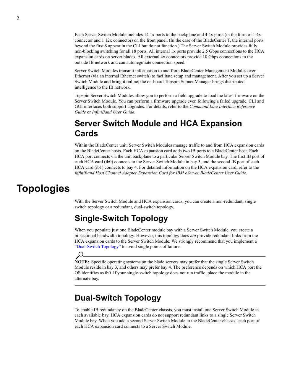 Server switch module and hca expansion cards, Topologies, Single-switch topology | Dual-switch topology, Single-switch topology dual-switch topology | IBM 24R9718 IB User Manual | Page 46 / 59