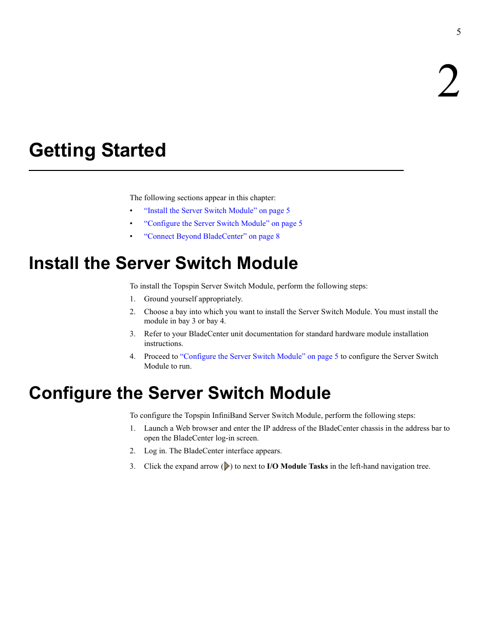 Getting started, Install the server switch module, Configure the server switch module | IBM 24R9718 IB User Manual | Page 49 / 59
