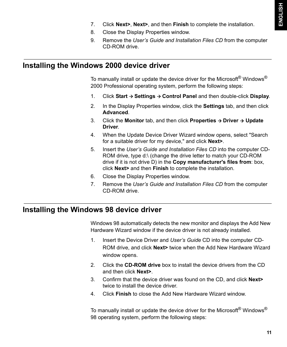 Installing the windows 2000 device driver, Installing the windows 98 device driver | IBM L190P User Manual | Page 13 / 38