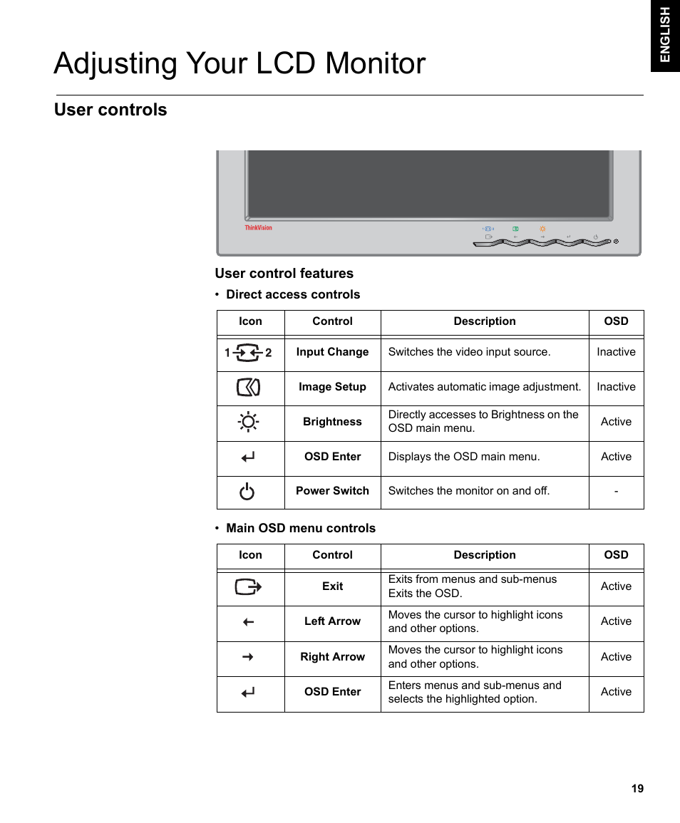 Adjusting your lcd monitor, User controls | IBM L190P User Manual | Page 21 / 38