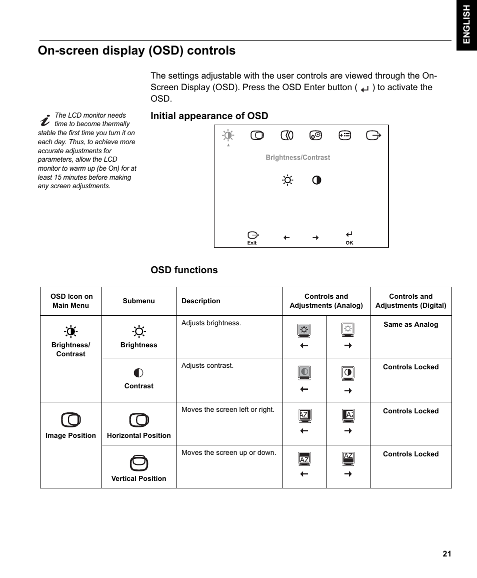 On-screen display (osd) controls | IBM L190P User Manual | Page 23 / 38