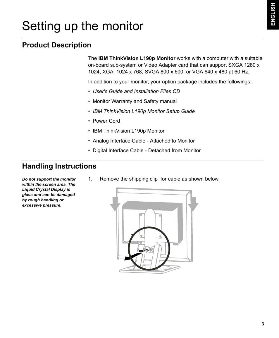 Setting up the monitor, Product description, Handling instructions | IBM L190P User Manual | Page 5 / 38