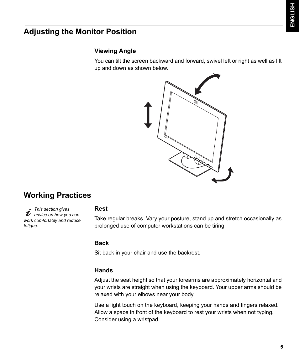 Adjusting the monitor position, Working practices | IBM L190P User Manual | Page 7 / 38