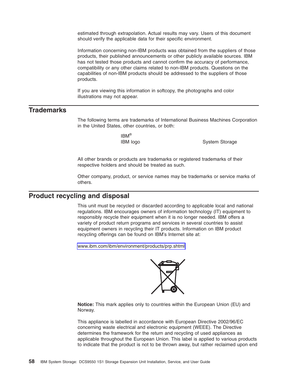 Trademarks, Product, Recycling | Disposal | IBM DCS9550 1S1 User Manual | Page 73 / 79