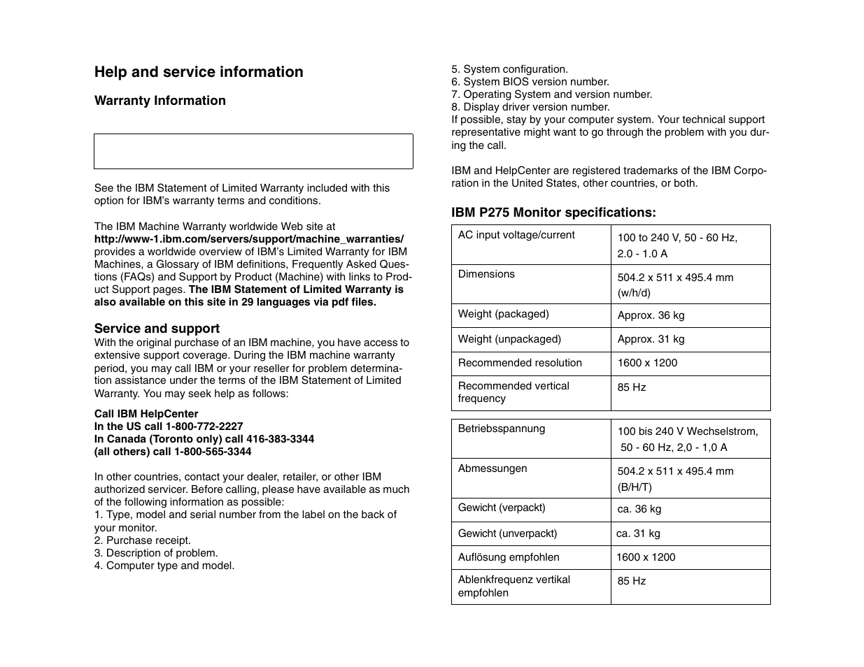 Help and service information | IBM P 275 User Manual | Page 3 / 24