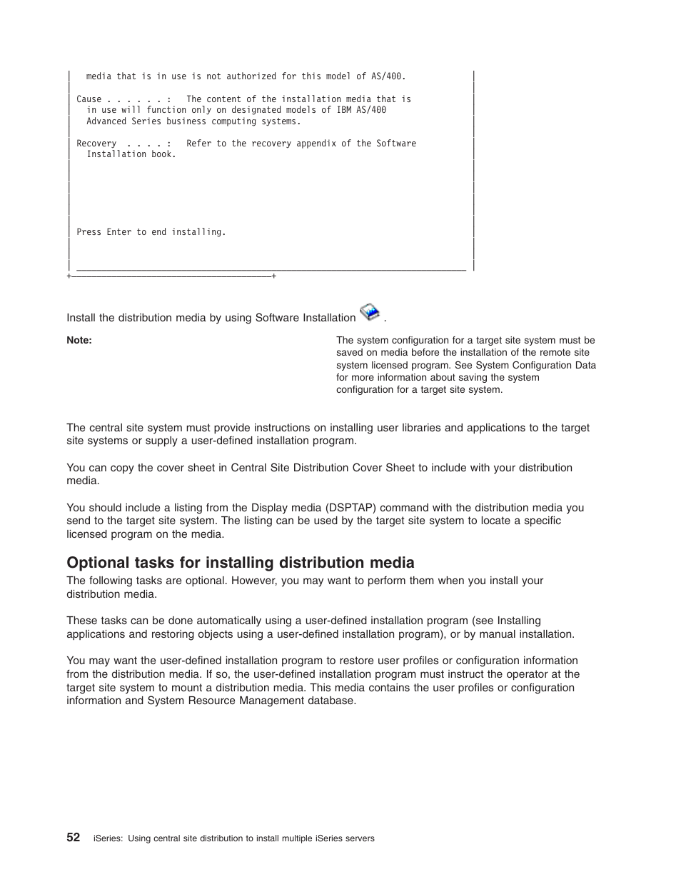 Optional tasks for installing distribution media | IBM iSeries User Manual | Page 58 / 64