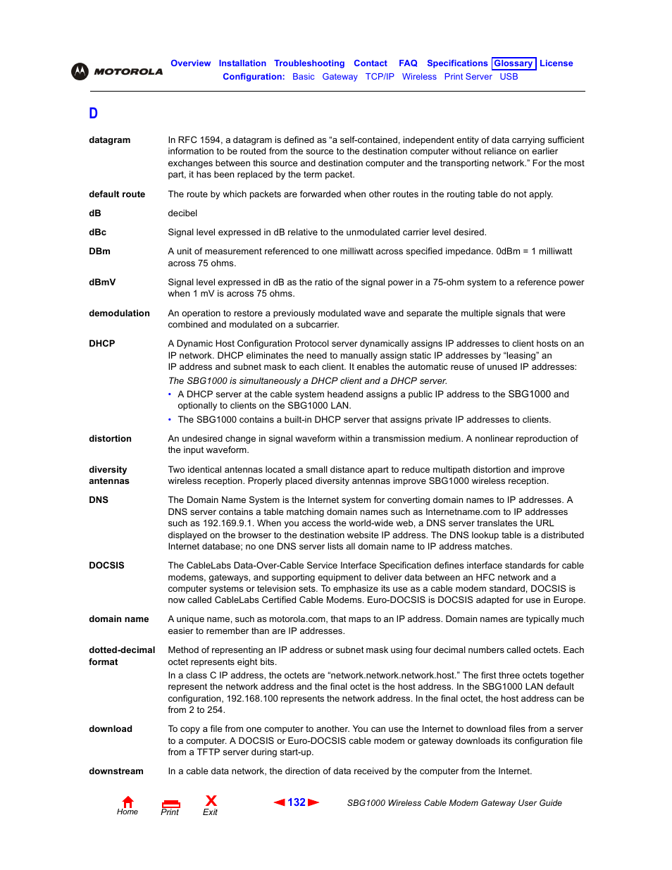 Dhcp, Downstream, Diversity antennas | Dotted-decimal format, Domain name, Dbmv, Datagram, Docsis | Iomega SBG1000 User Manual | Page 138 / 154