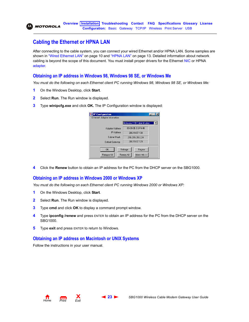 Cabling the ethernet or hpna lan, Obtaining an ip address in windows 98, Windows 98 se, or windows me | Obtaining an ip address in windows 2000 or, Windows xp, Obtaining an ip address on macintosh or, Unix systems | Iomega SBG1000 User Manual | Page 29 / 154