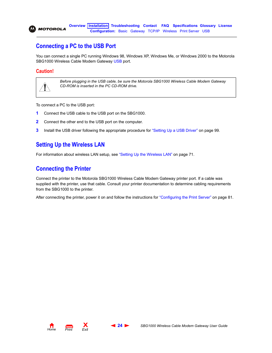 Connecting a pc to the usb port, Setting up the wireless lan, Connecting the printer | Connecting a pc to, The usb port, Caution | Iomega SBG1000 User Manual | Page 30 / 154