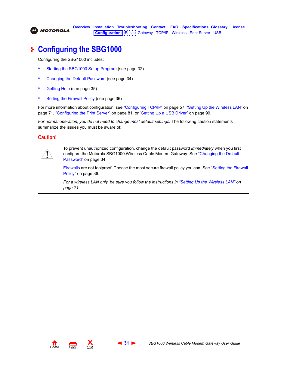 Configuring the sbg1000, Configuration: basic gate, Caution | Iomega SBG1000 User Manual | Page 37 / 154