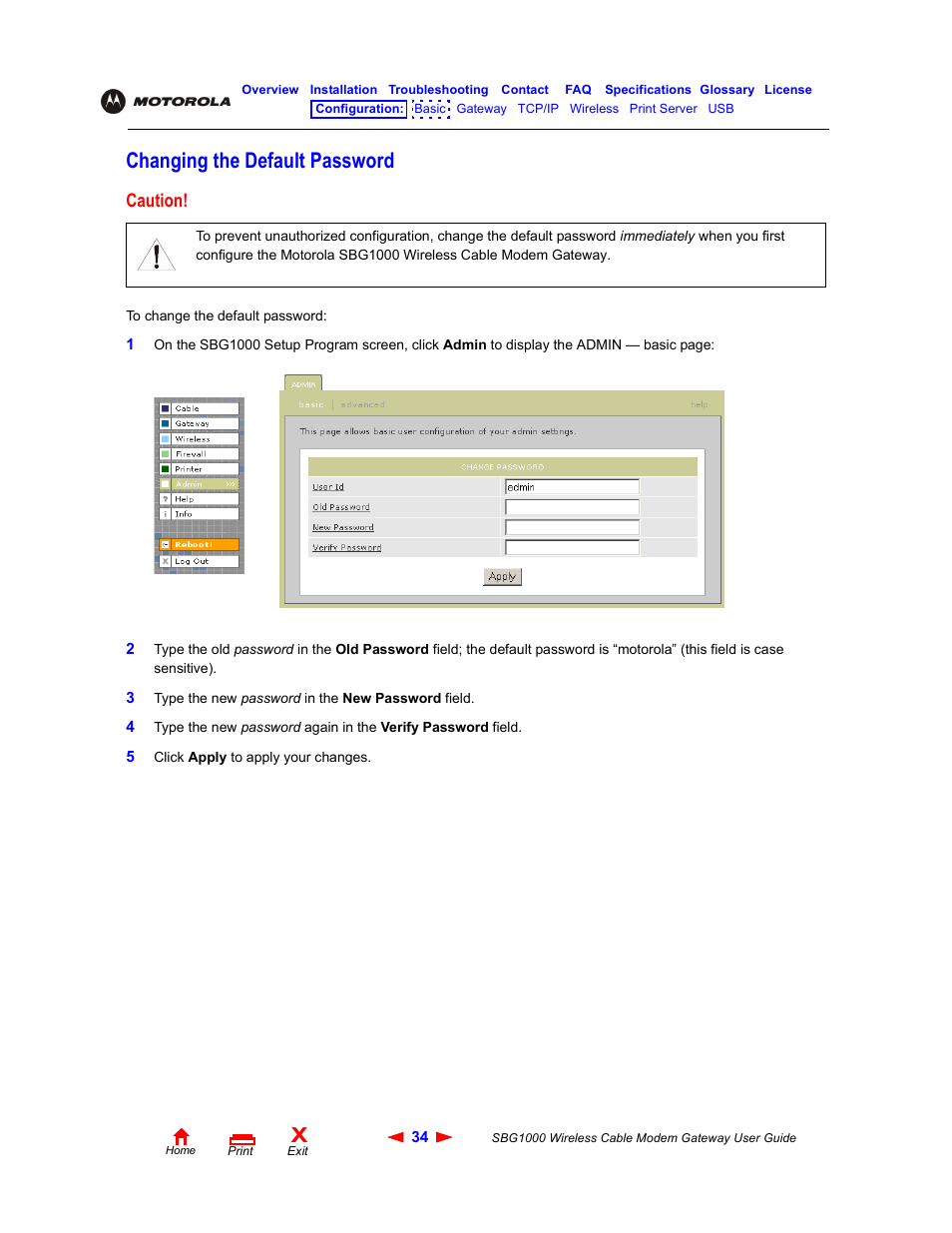 Changing the default password, Changing the default, Password | Caution | Iomega SBG1000 User Manual | Page 40 / 154