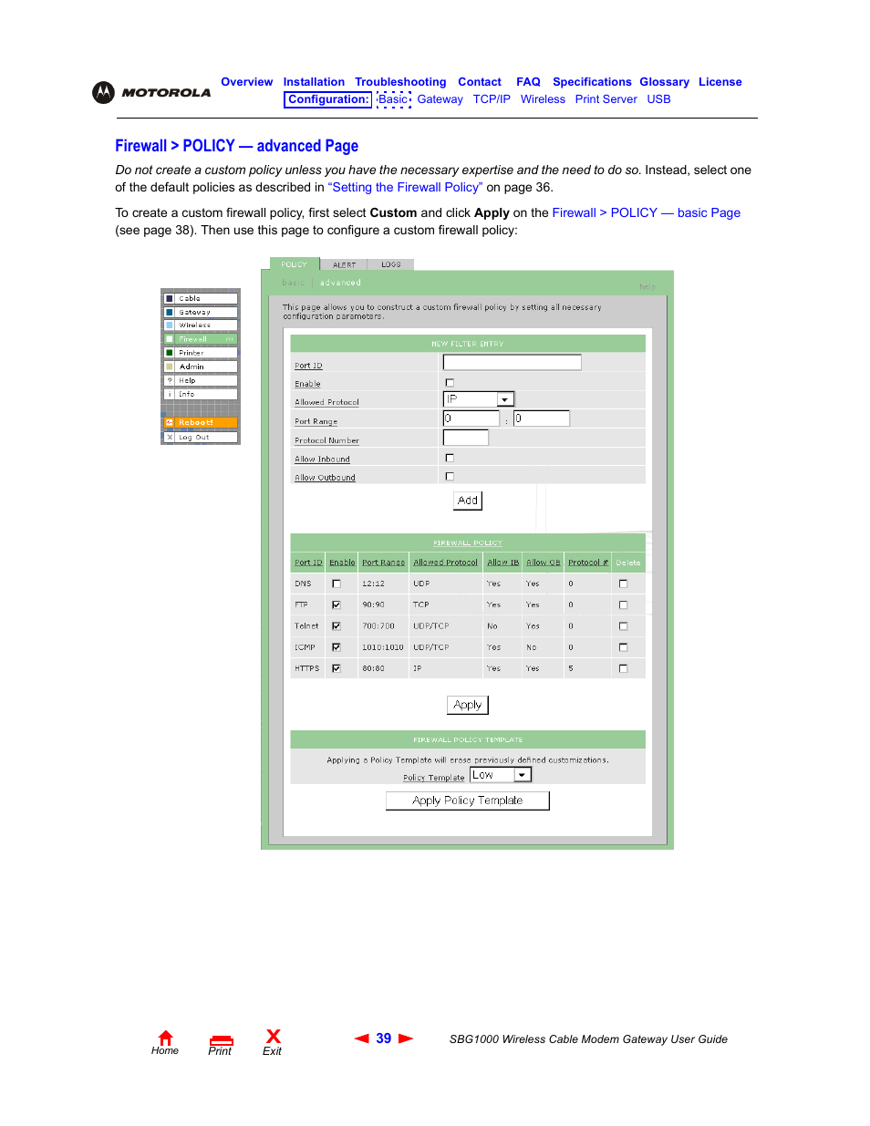 Firewall > policy — advanced page | Iomega SBG1000 User Manual | Page 45 / 154