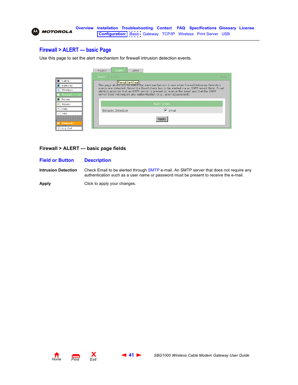 Firewall > alert — basic page | Iomega SBG1000 User Manual | Page 47 / 154