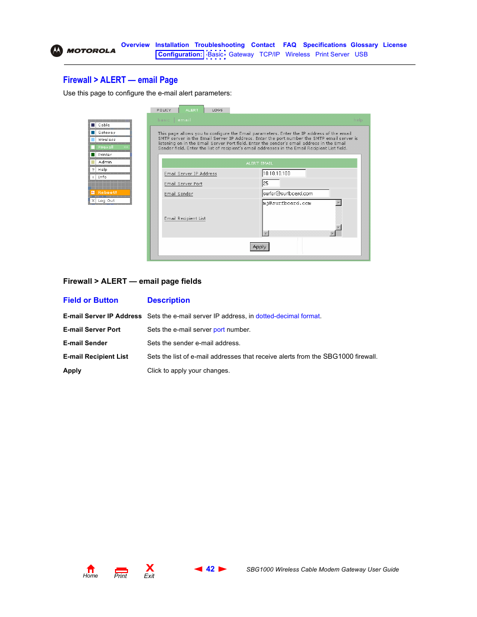 Firewall > alert — email page | Iomega SBG1000 User Manual | Page 48 / 154