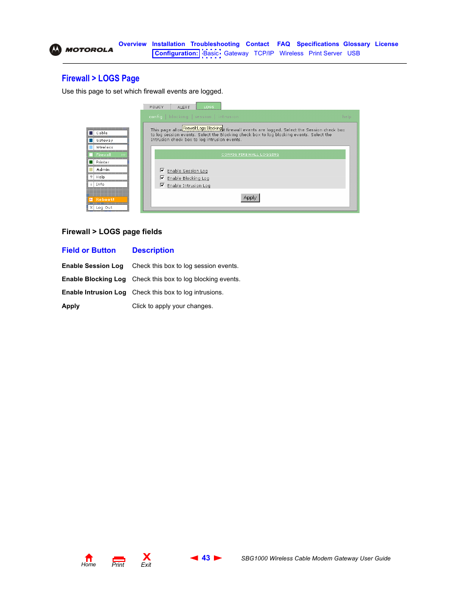 Firewall > logs page | Iomega SBG1000 User Manual | Page 49 / 154