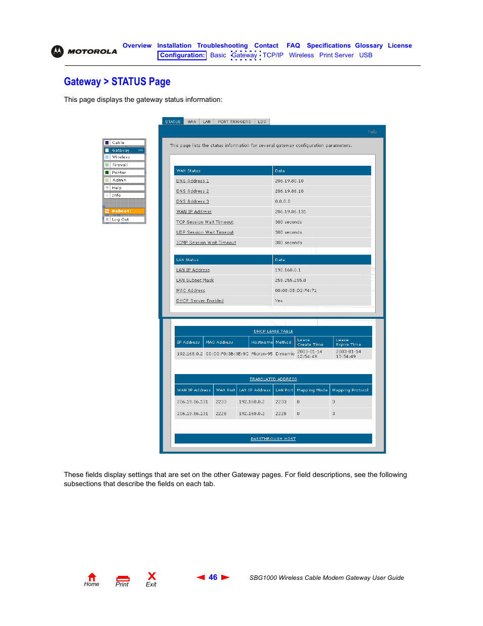 Gateway > status page | Iomega SBG1000 User Manual | Page 52 / 154