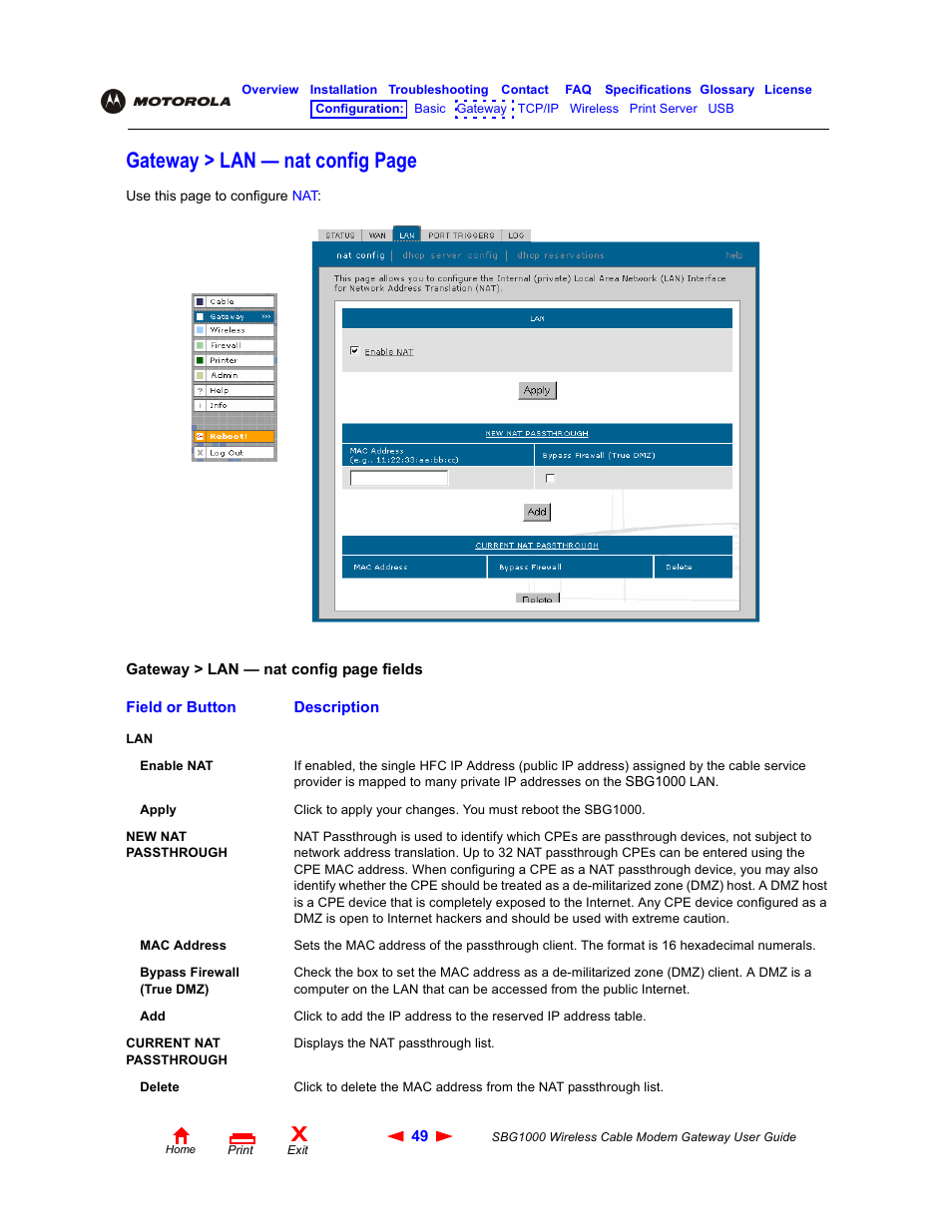 Gateway > lan — nat config page | Iomega SBG1000 User Manual | Page 55 / 154