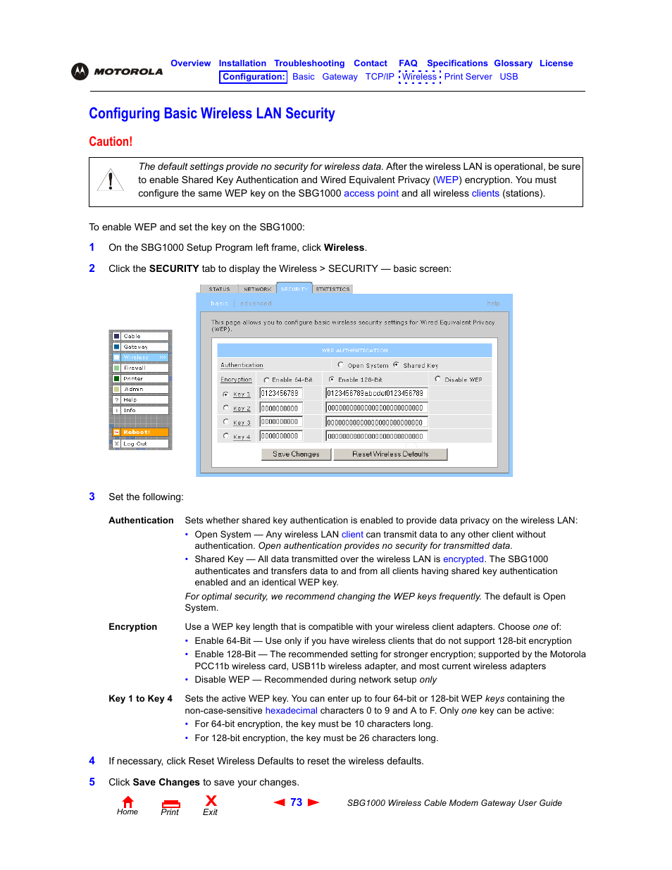 Configuring basic wireless lan security, Caution | Iomega SBG1000 User Manual | Page 79 / 154