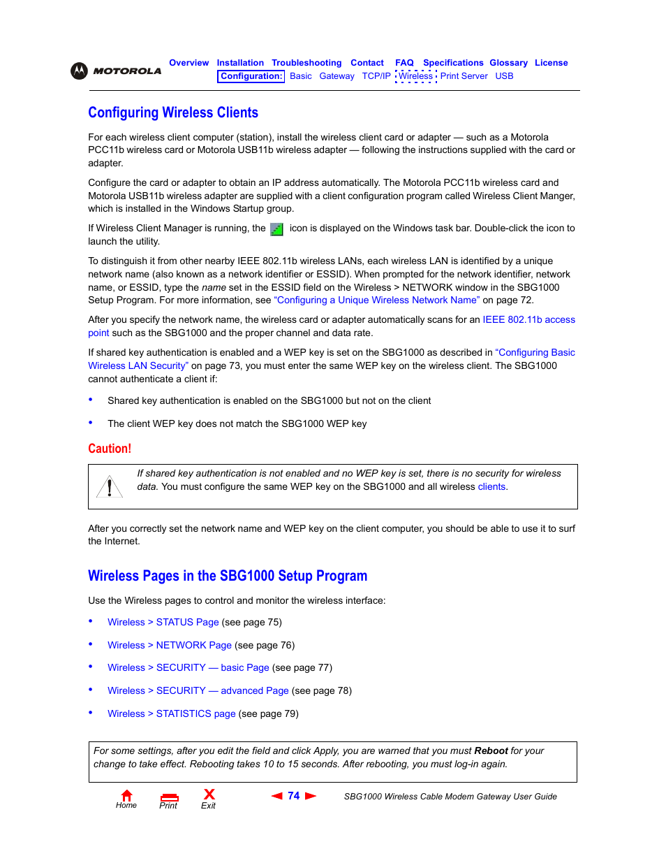 Configuring wireless clients, Wireless pages in the sbg1000 setup program | Iomega SBG1000 User Manual | Page 80 / 154