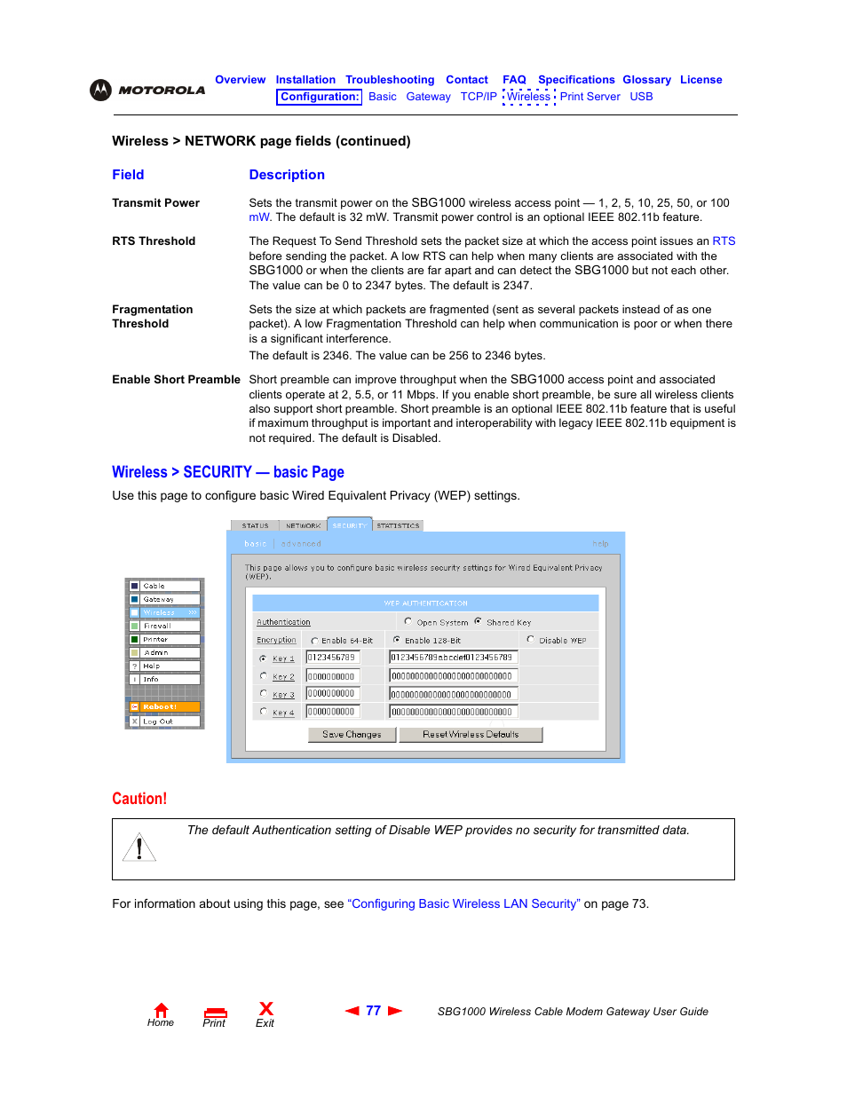 Wireless > security — basic page, Caution | Iomega SBG1000 User Manual | Page 83 / 154