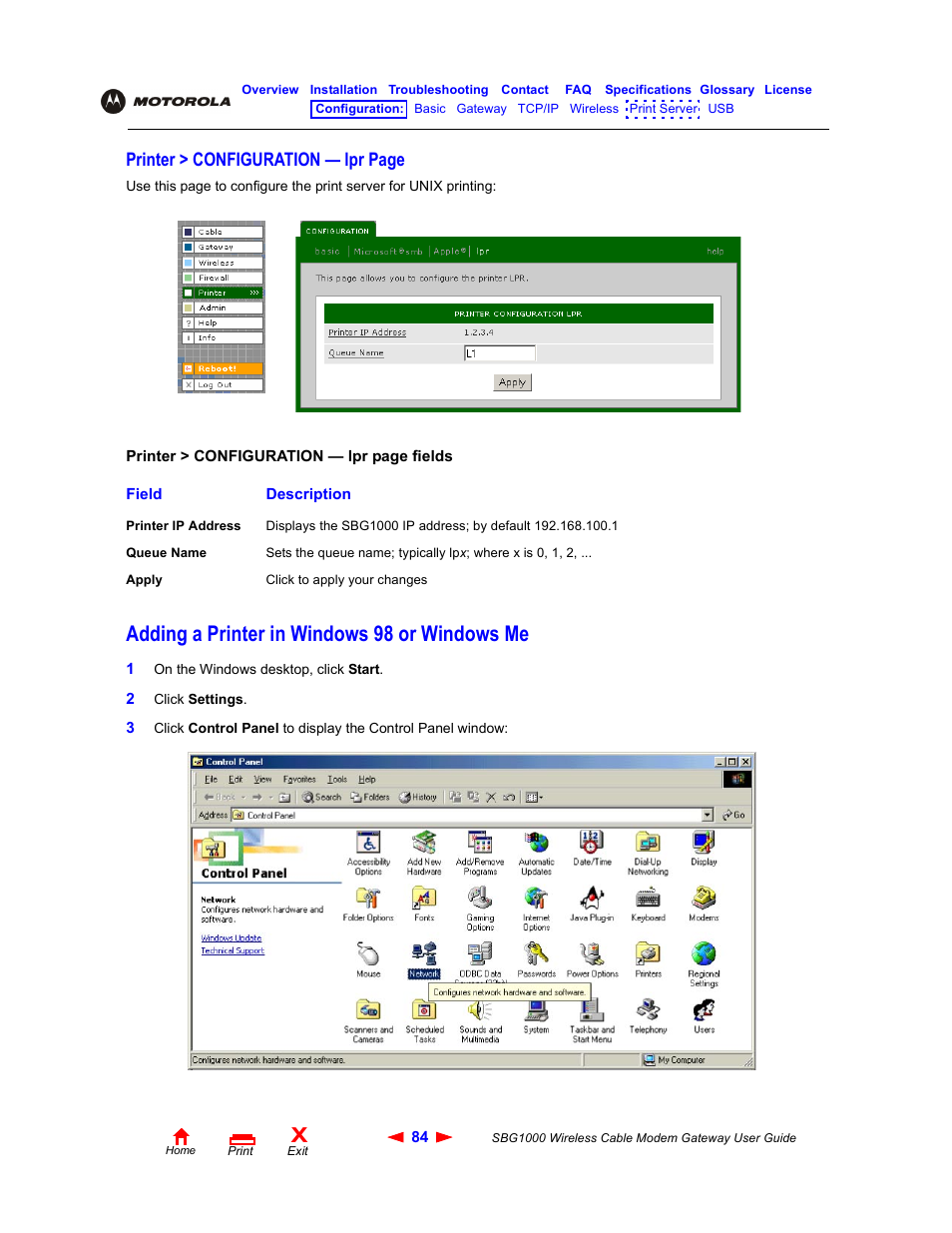 Adding a printer in windows98 or windows me, Adding a printer in windows 98 or windows me, Printer > configuration — lpr page | Iomega SBG1000 User Manual | Page 90 / 154