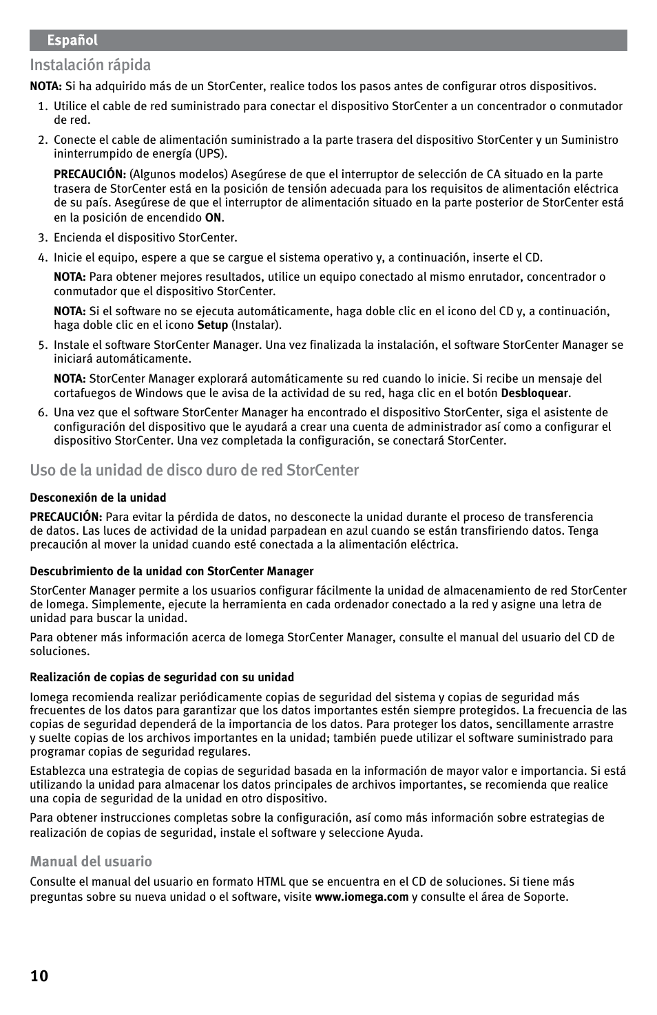 10 instalación rápida, Uso de la unidad de disco duro de red storcenter | Iomega StorCenter ix-Series User Manual | Page 10 / 40