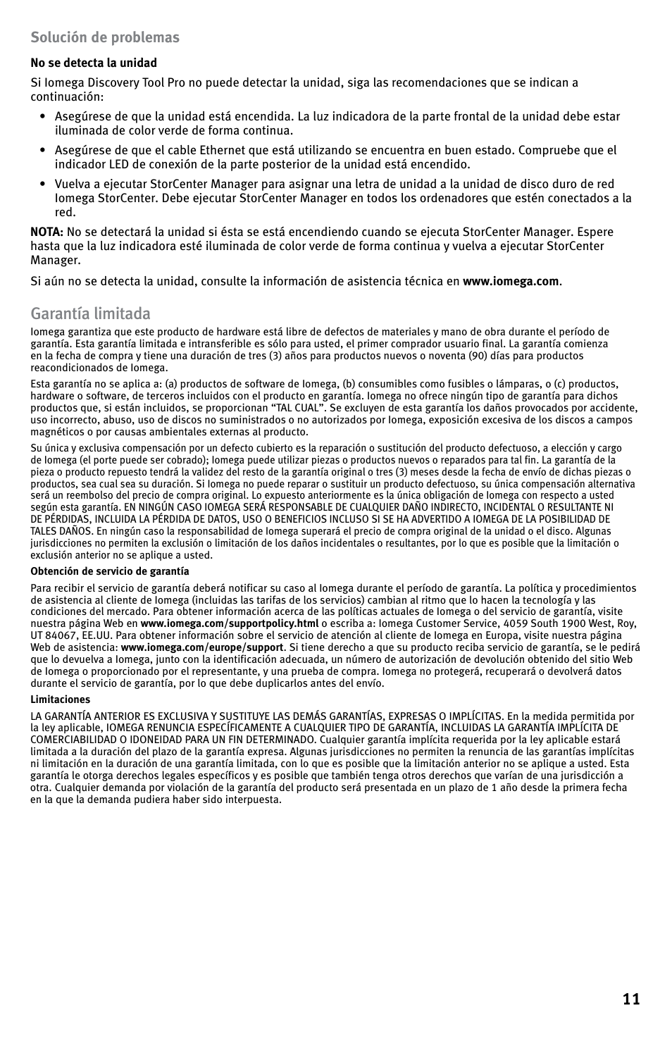 Garantía limitada, Solución de problemas | Iomega StorCenter ix-Series User Manual | Page 11 / 40