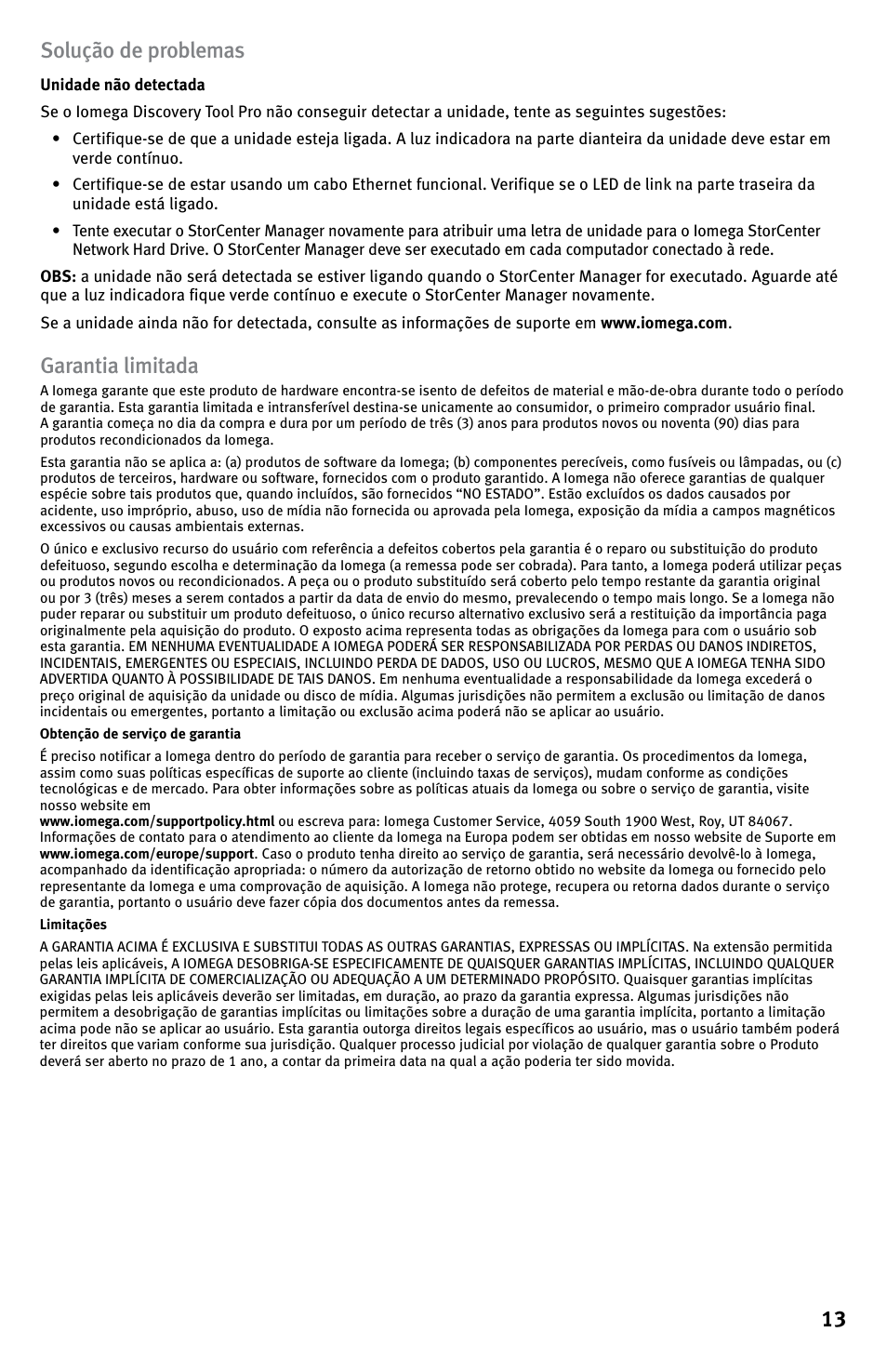 13 solução de problemas, Garantia limitada | Iomega StorCenter ix-Series User Manual | Page 13 / 40