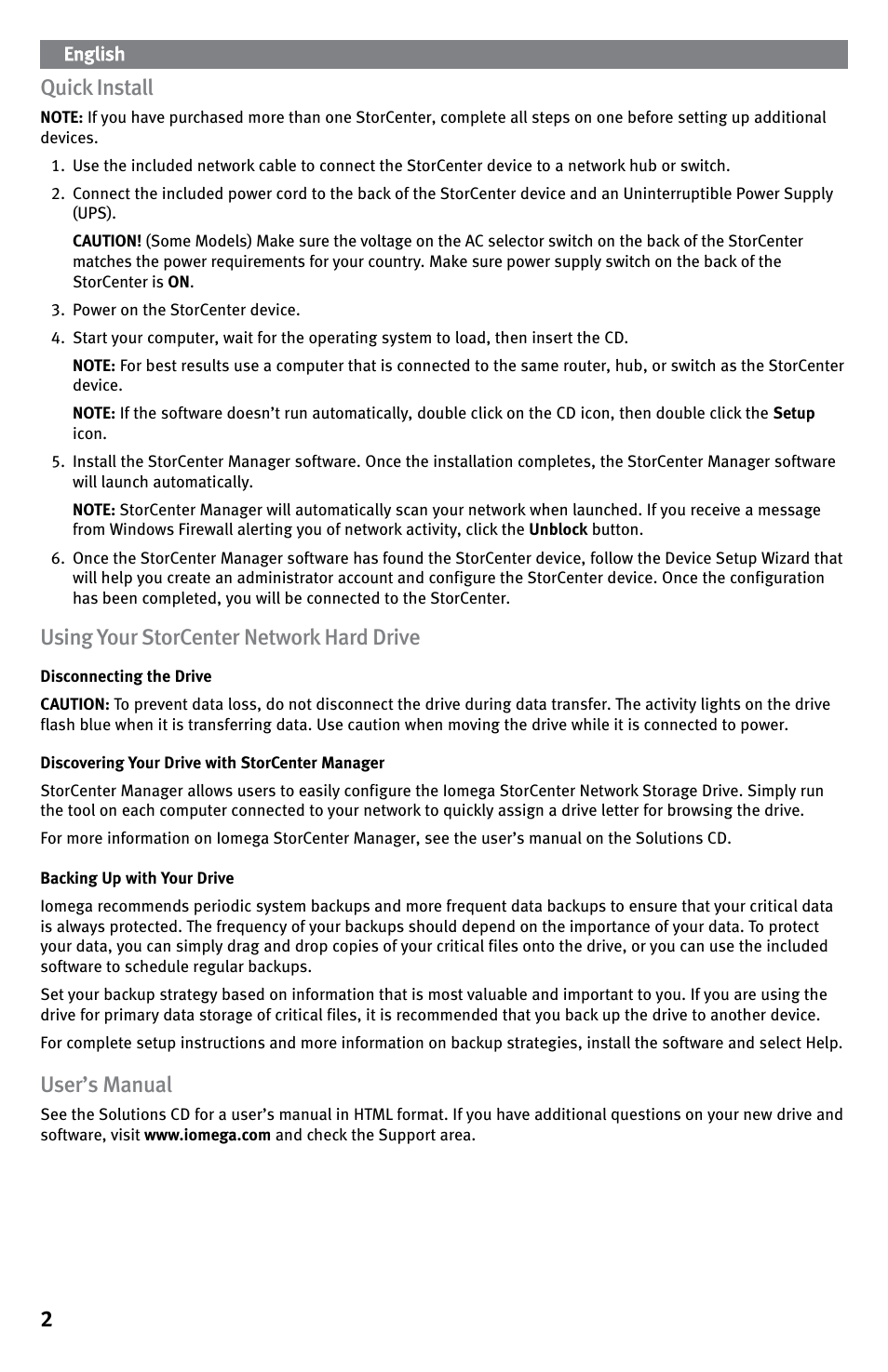 2quick install, Using your storcenter network hard drive, User’s manual | Iomega StorCenter ix-Series User Manual | Page 2 / 40