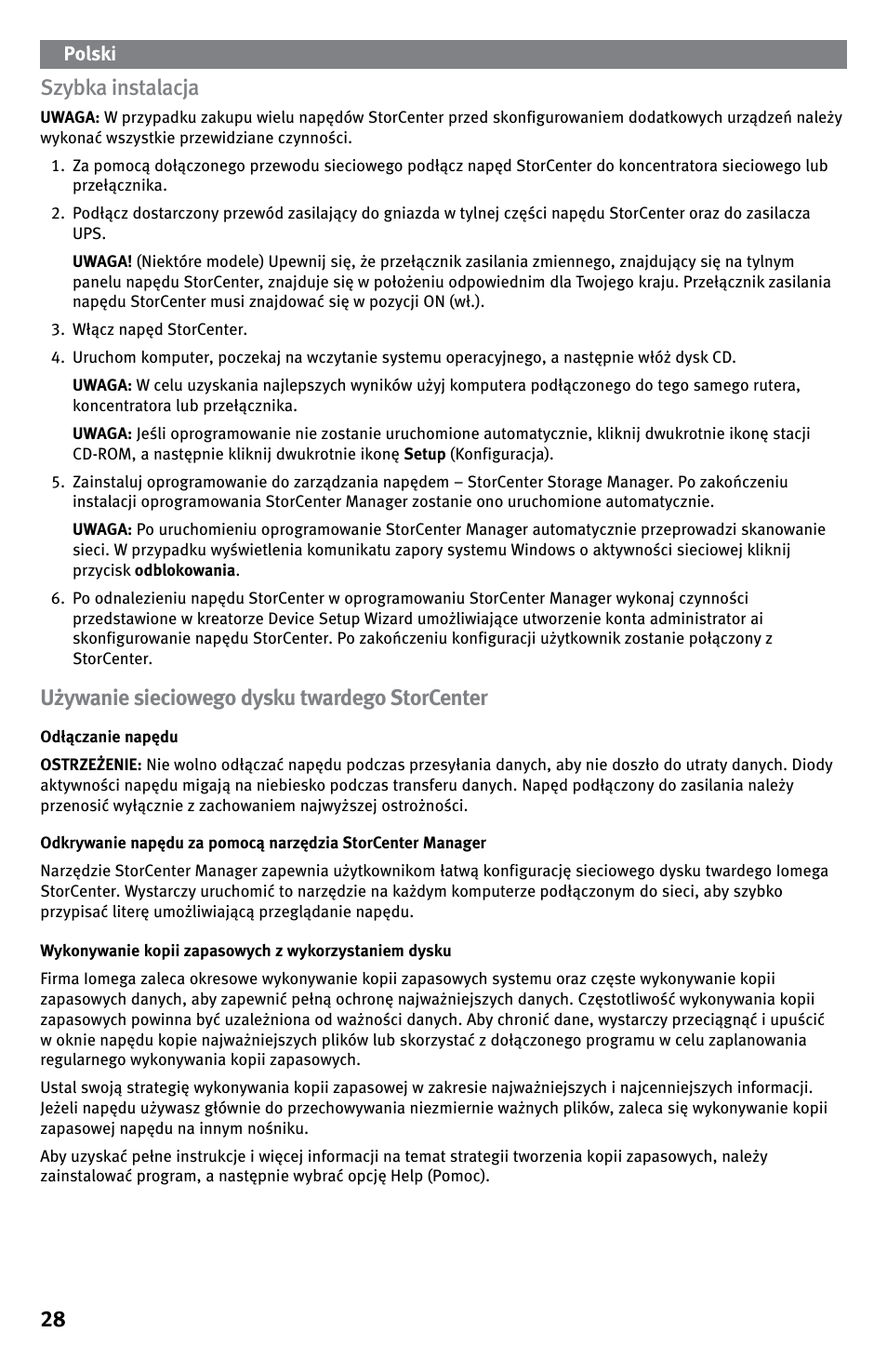 28 szybka instalacja, Używanie sieciowego dysku twardego storcenter | Iomega StorCenter ix-Series User Manual | Page 28 / 40