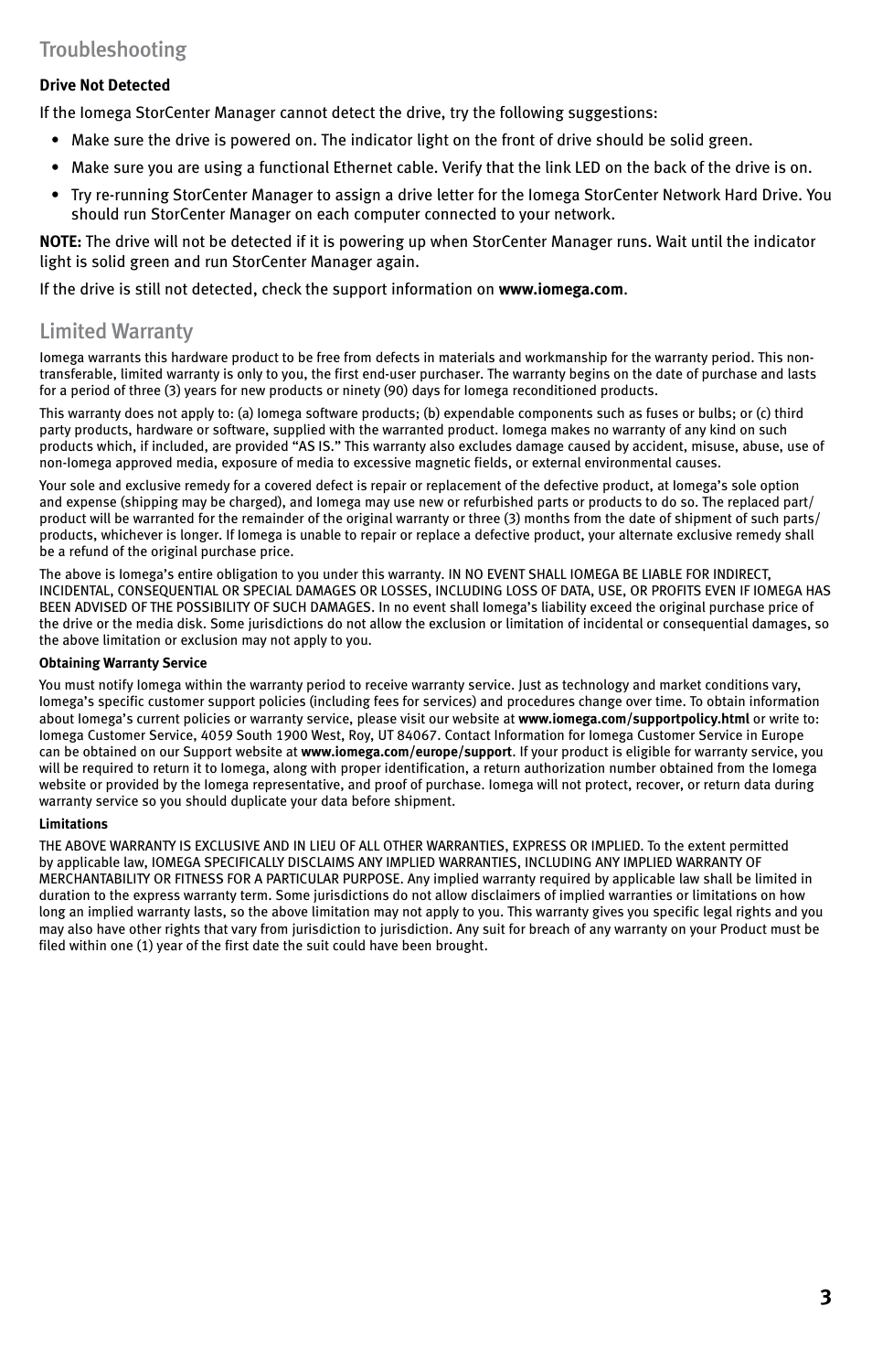 3troubleshooting, Limited warranty | Iomega StorCenter ix-Series User Manual | Page 3 / 40