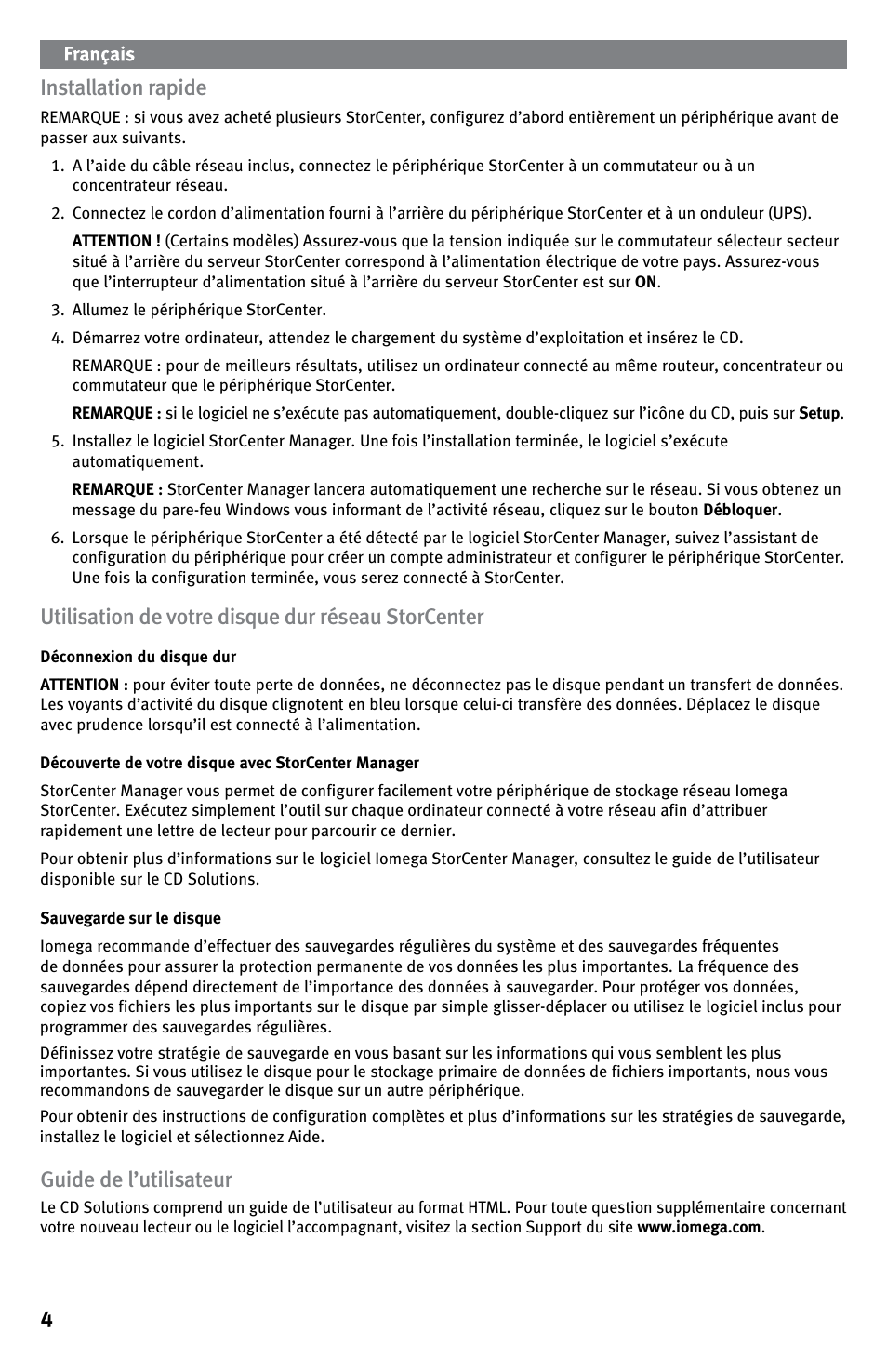 4installation rapide, Utilisation de votre disque dur réseau storcenter, Guide de l’utilisateur | Iomega StorCenter ix-Series User Manual | Page 4 / 40