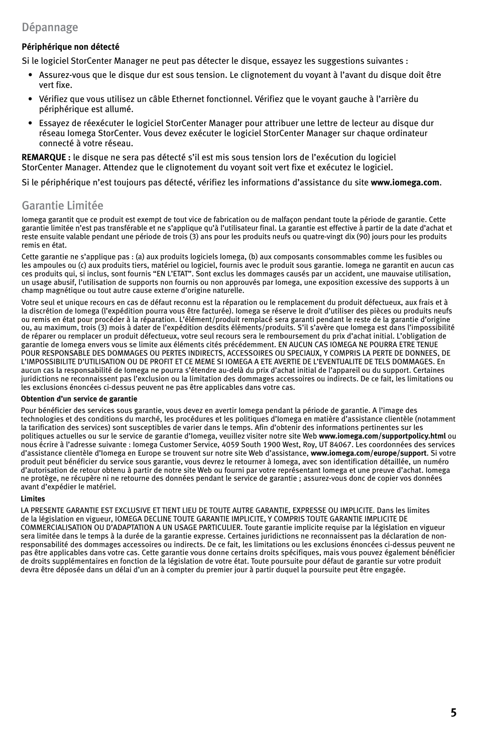 5dépannage, Garantie limitée | Iomega StorCenter ix-Series User Manual | Page 5 / 40