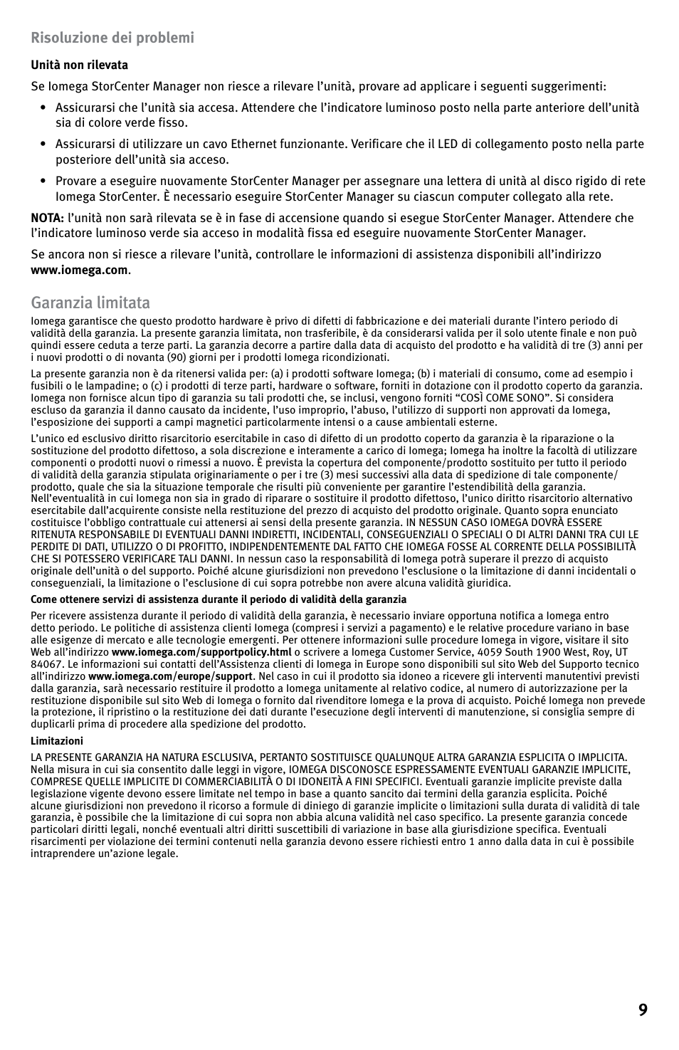Garanzia limitata, Risoluzione dei problemi | Iomega StorCenter ix-Series User Manual | Page 9 / 40