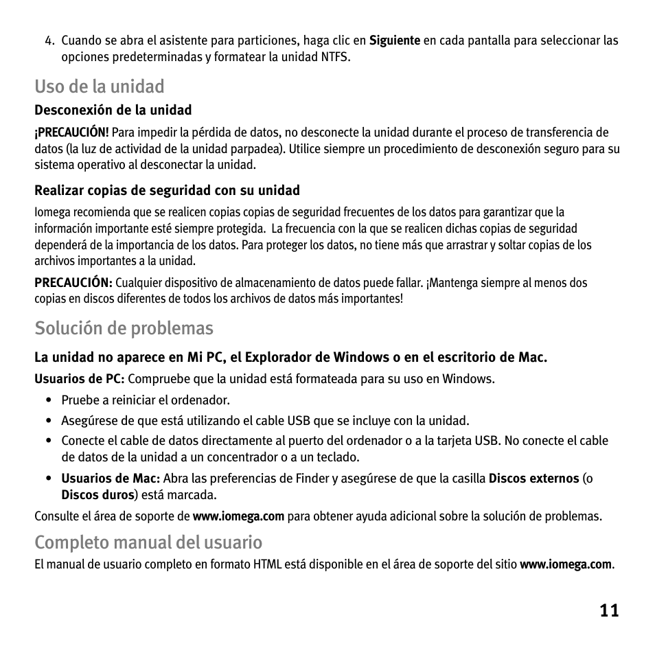 Uso de la unidad, Solución de problemas, Completo manual del usuario | Iomega Portable Hard Drive eGo Helium User Manual | Page 11 / 36