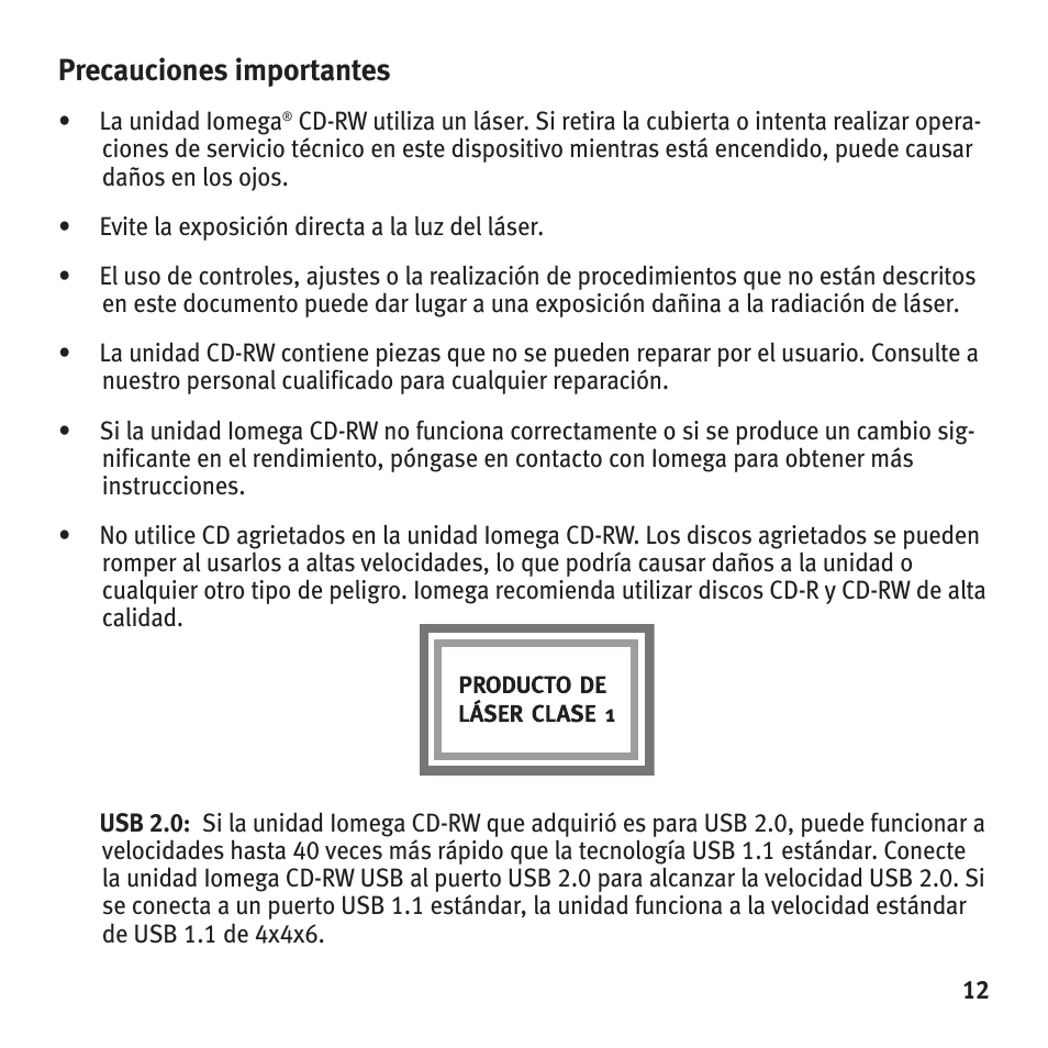 Precauciones importantes | Iomega HotBurn User Manual | Page 11 / 26