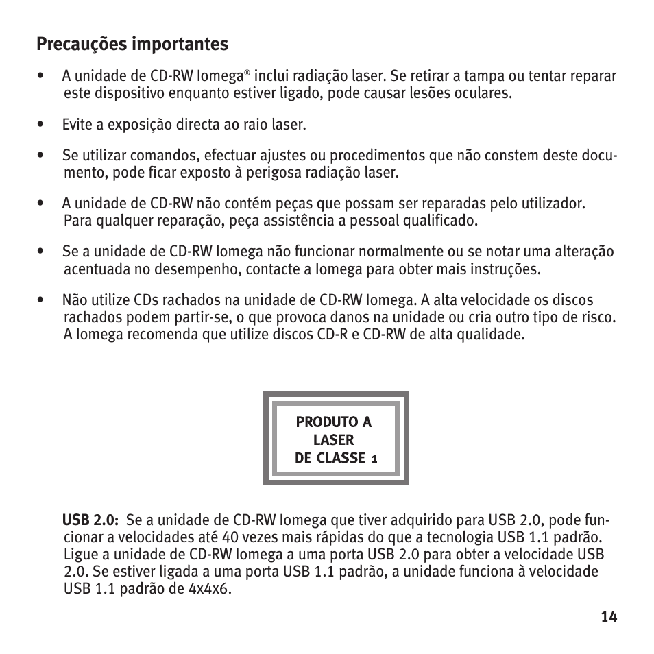 Precauções importantes | Iomega HotBurn User Manual | Page 13 / 26