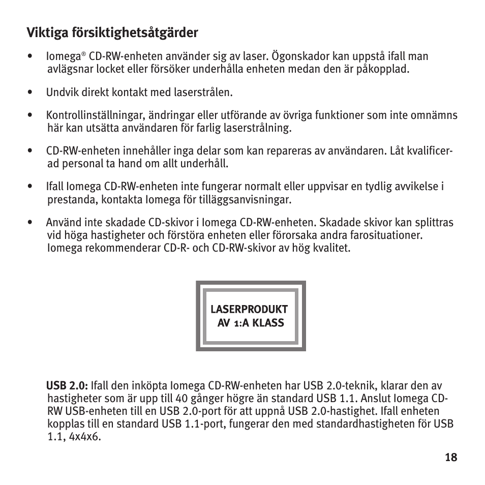 Viktiga försiktighetsåtgärder | Iomega HotBurn User Manual | Page 17 / 26