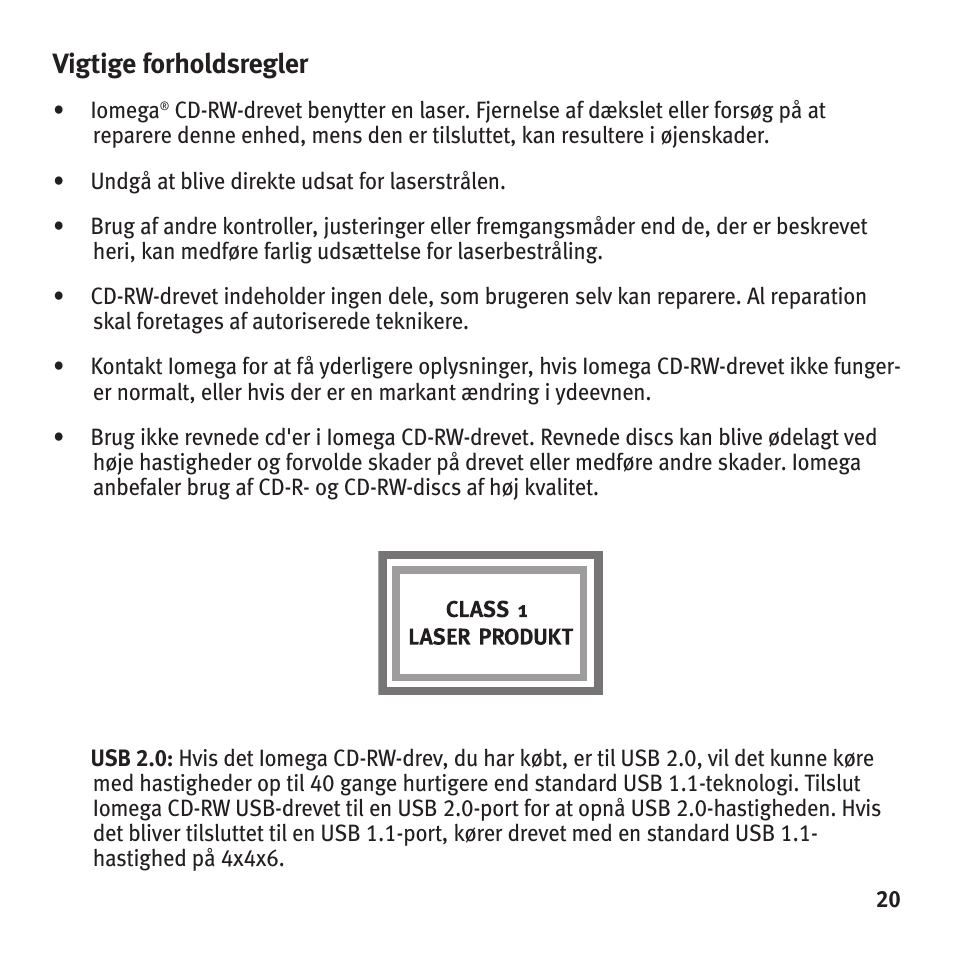 Vigtige forholdsregler | Iomega HotBurn User Manual | Page 19 / 26
