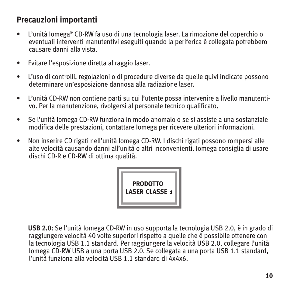 Precauzioni importanti | Iomega HotBurn User Manual | Page 9 / 26