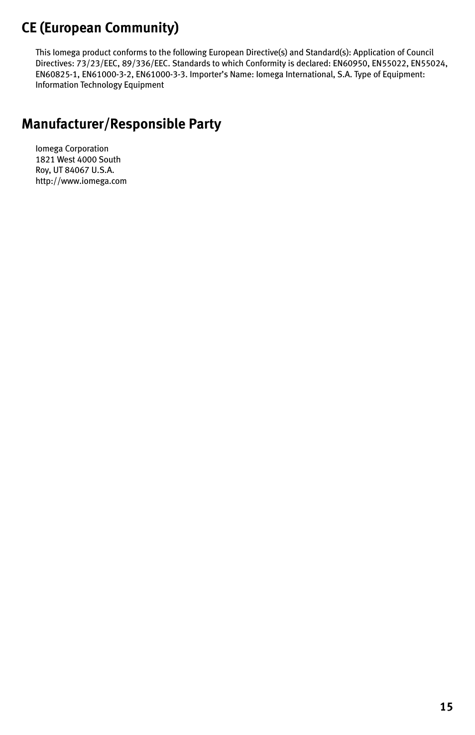 Ce (european community), Manufacturer/responsible party | Iomega Floppy plus 7-in-1 Card Reader USB Powered Drive User Manual | Page 15 / 16