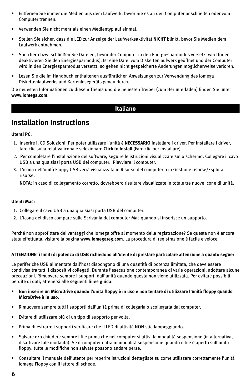 Installation instructions | Iomega Floppy plus 7-in-1 Card Reader USB Powered Drive User Manual | Page 6 / 16