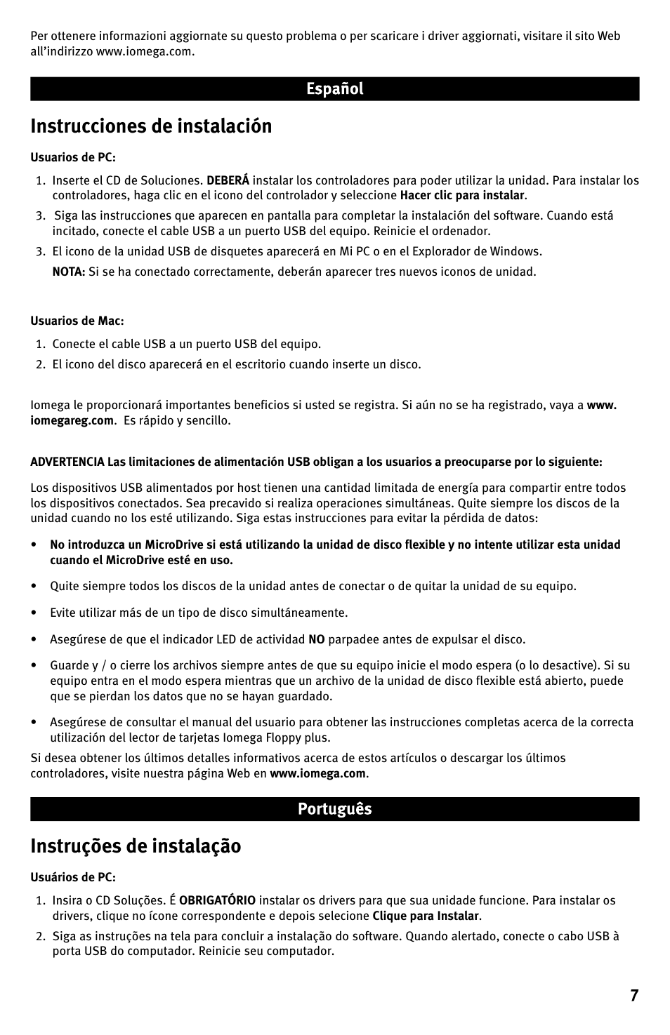 Instrucciones de instalación, Instruções de instalação | Iomega Floppy plus 7-in-1 Card Reader USB Powered Drive User Manual | Page 7 / 16