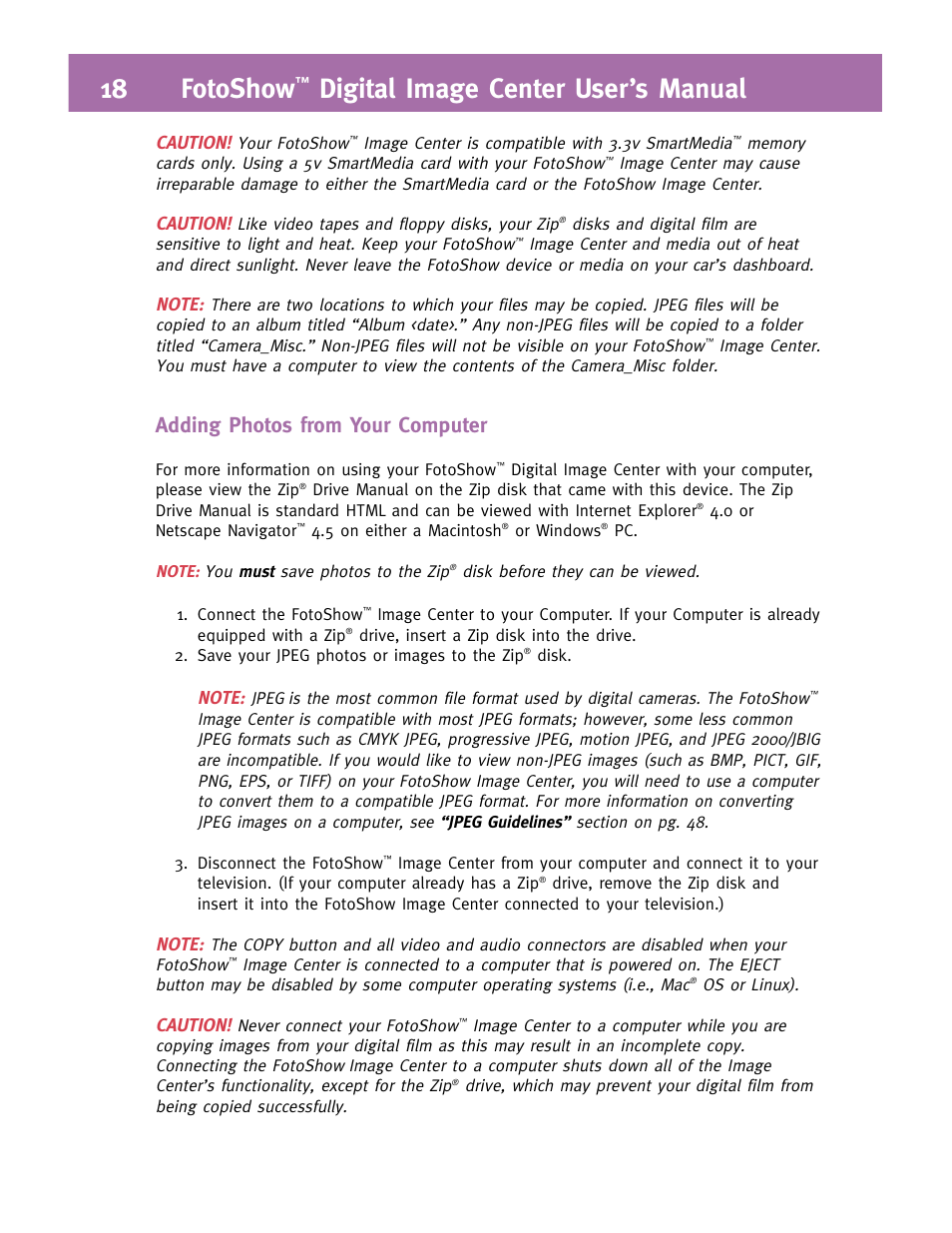 18 fotoshow, Digital image center user’s manual, Adding photos from your computer | Caution | Iomega FotoShow Digital Image Center User Manual | Page 18 / 68
