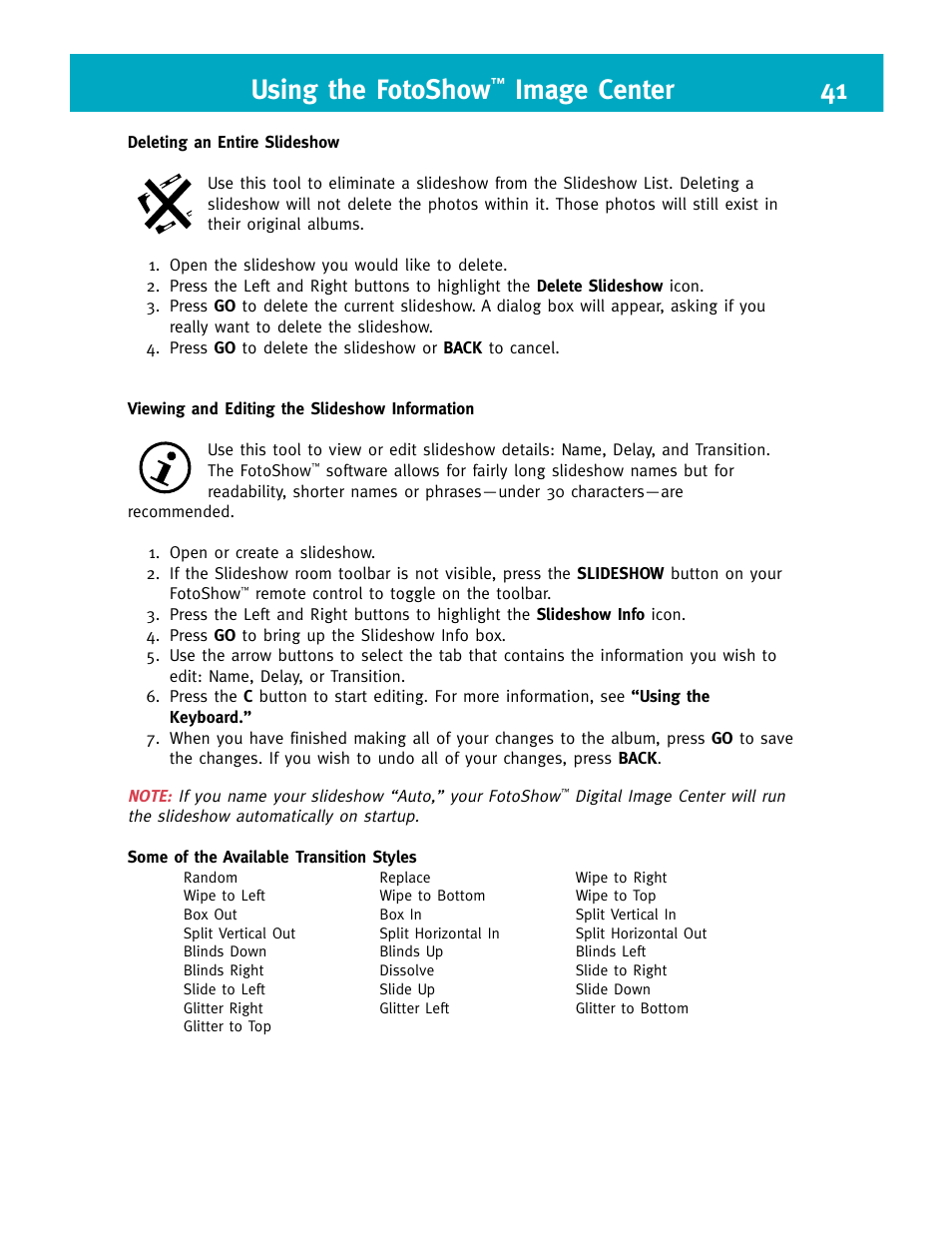 Using the fotoshow, Image center 41 | Iomega FotoShow Digital Image Center User Manual | Page 41 / 68